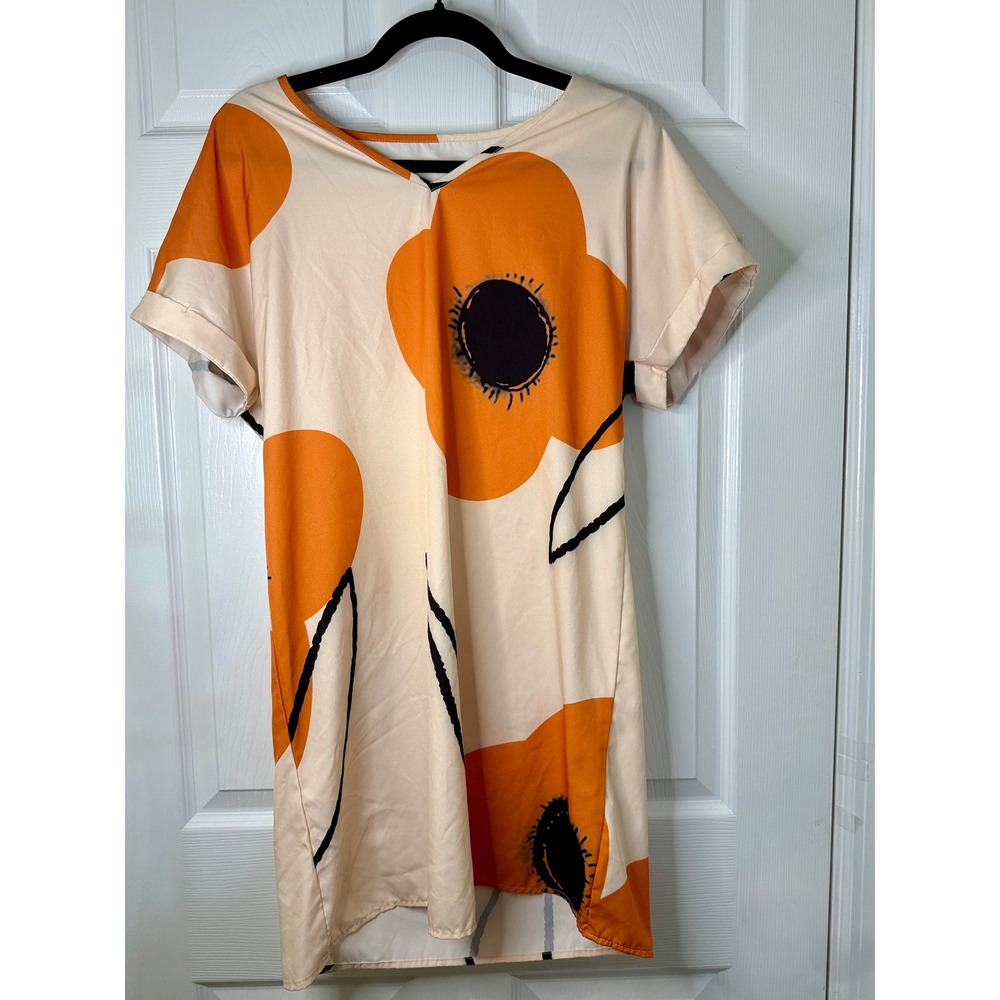 Emery Rose Floral Mini Dress Womens Small Orange Cream Excellent V-Neck Shift